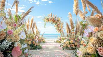 le toile de fond pour un plein air mariage sur le plage rempli avec magnifique floral décorations et ornements ai produire photo