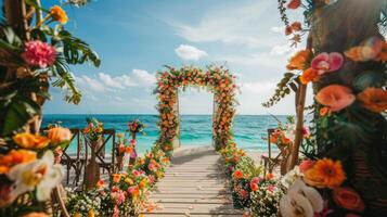 le toile de fond pour un plein air mariage sur le plage rempli avec magnifique floral décorations et ornements ai produire photo