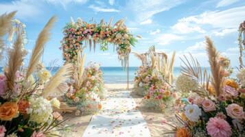 le toile de fond pour un plein air mariage sur le plage rempli avec magnifique floral décorations et ornements ai produire photo