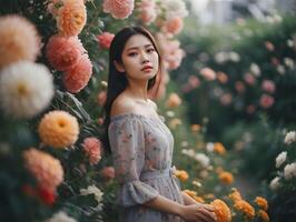 portrait de magnifique asiatique femme avec fleur dans le jardin. photo