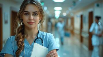 femelle infirmière dans gommages en portant presse-papiers dans hôpital couloir photo