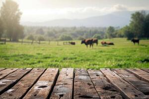 ai généré vide en bois table Haut sur vache herbe terre photo