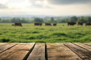 ai généré vide en bois table sur vache herbe terre photo