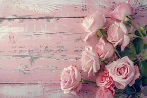 ai généré content les mères journée rose des roses sur affligé bois Contexte. photo