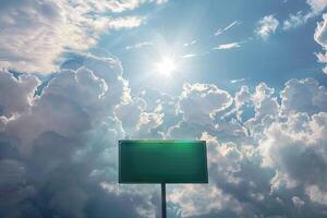 ai généré spécial offre juste devant vert route signe plus de spectaculaire ciel des nuages et coup de soleil. photo