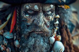 ai généré Mort-vivant pirate capitaine avec coquillages sur le sien affronter. photo