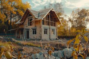 ai généré bâtiment une silicate bloquer maison dans une été chalet. photo