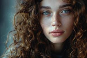 magnifique femme avec longue brillant ondulé cheveux et frisé coiffure. photo