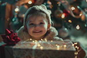 ai généré enfant ouverture Noël cadeau près arbre en riant et heureux. photo