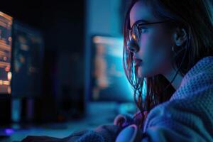 ai généré attrayant fille geek développement la toile site cyber Sécurité à l'intérieur. photo