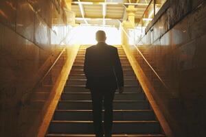 ai généré homme d'affaire escalade escaliers vers succès. photo