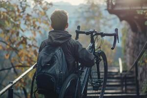 ai généré Jeune homme porter le sien vélo en haut une vol de escaliers photo