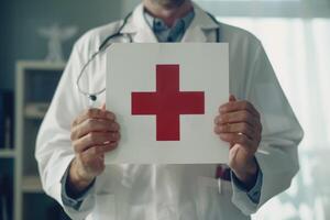 ai généré Masculin médecin avec premier aide symbole dans soins de santé paramètre. photo