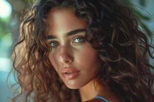 ai généré magnifique fille avec longue et brillant ondulé cheveux photo