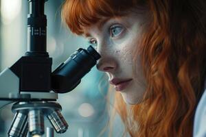 ai généré attrayant rouge aux cheveux scientifique à la recherche par une microscope dans une laboratoire photo