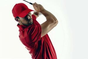 ai généré le golf joueur dans rouge chemise pratiquant avec émotions sur blanc Contexte. photo