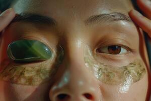 ai généré guasha visage massage avec jade pierre proche en haut de une Jeune les femmes visage jade photo
