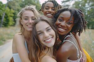 ai généré Jeune femmes posant Heureusement ensemble en plein air dans parc. photo