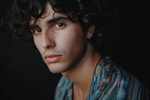 ai généré élégant portrait de Beau Jeune homme avec frisé cheveux. photo