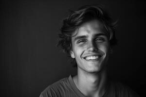 ai généré monochrome portrait de Jeune souriant caucasien homme sur noir Contexte photo