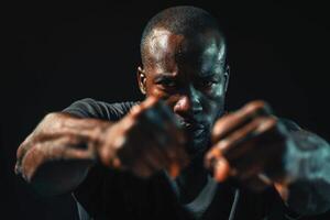 ai généré portrait dure africain américain homme faire des gestes avec les poings contre noir Contexte photo