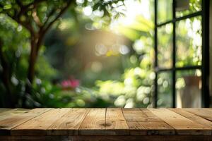 ai généré bois table compteur avec jardin vue pour produit afficher. photo