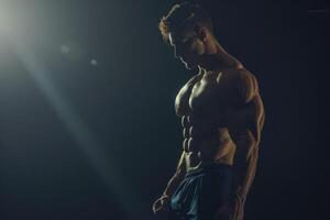 ai généré musclé Masculin bodybuilder posant dans studio. photo