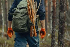 ai généré homme recueille bois de chauffage pour pique-nique dans forêt. photo