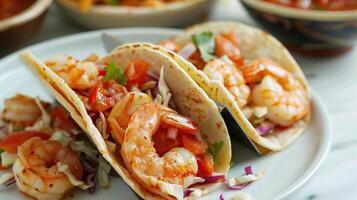 ai généré épicé crevette tacos avec Salade De Chou et salsa. photo