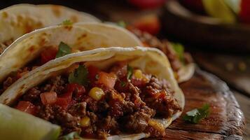 ai généré mexicain du boeuf tacos avec tomate sauce et salsa. photo