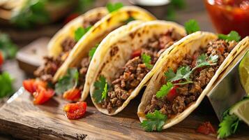 ai généré mexicain du boeuf tacos avec tomate sauce et salsa. photo