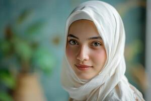 ai généré portrait de magnifique Jeune musulman arabe femme portant blanc hijab à la recherche à caméra copie espace photo