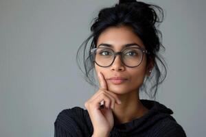 ai généré sur de soi Jeune Indien femme d'affaires dans des lunettes sur gris Contexte. photo