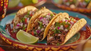 ai généré une plat de Trois du boeuf tacos photo