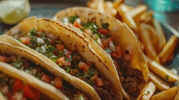 ai généré du boeuf tacos servi avec d'or français frites photo