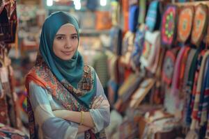 ai généré musulman femme vend artisanat dans magasin. photo