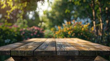 ai généré vide en bois table dans ensoleillé jardin pour produit placement. photo