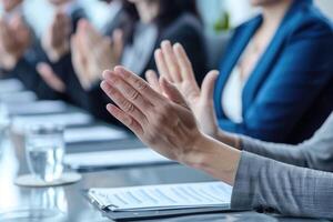 ai généré affaires gens applaudir mains pendant réunion dans Bureau pour leur Succès dans affaires travail photo