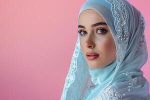 ai généré muslimah modèle dans à la mode robe isolé dans rose Contexte photo