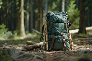 ai généré durable vert des sports sac à dos rempli avec pique-nique Provisions dans forêt. photo