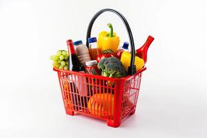 une studio coup de une achats panier plein avec les courses isolé sur blanc Contexte photo