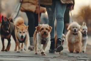 professionnel chien marcheur avec diverse pack dans ville. photo