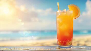 rafraîchissant été boisson avec plage toile de fond. photo