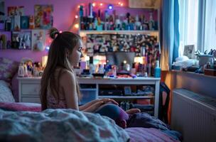 ai généré préadolescent fille dans sa chambre photo