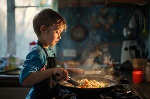 ai généré enfant chef en train de préparer dîner photo