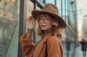 femme avec des lunettes et chapeau photo