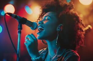 Jeune chanteur dans coloré projecteur photo