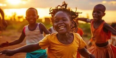 ai généré groupe de content amical les enfants ayant amusement ensemble pour enfants journée vacances photo