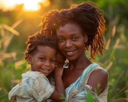 ai généré content mère et les enfants avec de bonne humeur émotions dans une de fête ambiance sur de la mère journée photo