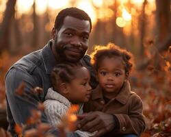 ai généré famille unité thème avec joyeux les enfants et père pour du père journée vacances photo